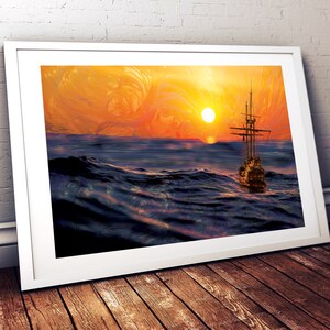 Sailing Sun Poster Print Sailboat Wall Art Psychedelic Pattern Decor Ocean Image Blue Orange Artwork Nautical Sea Sunset Print image 1