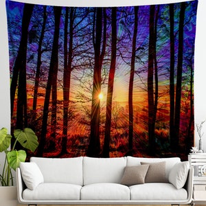 Forest Sunrise Tapestry | Blue and Red Woodland Scene Wall Hanging with Hidden Imagery | Bedroom Living Room Dorm