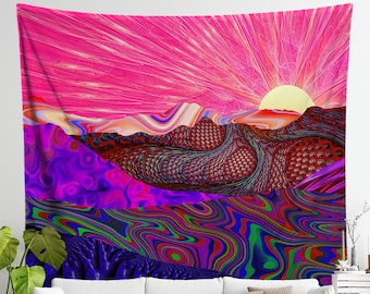 Pink Wall Art Decor | Trippy Trek Tapestry Wall Hanging | Sunset Design | Psychedelic College Dorm Wall Hanging | Colorful Festival Wavy Art