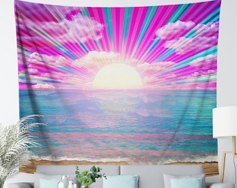 Vaporwave Beach Tapestry | Psychedelic Neon Sun Wall Hanging | Pink and Blue Ocean Wall Art for Bedroom Living Room Dorm