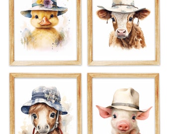 Set of 4, Baby Farm Animals With Hats on, Art Prints, Nursery Décor, Cute Kids Room Wall Hangings, Watercolor Style, Duck, Pig, Cow, Horse