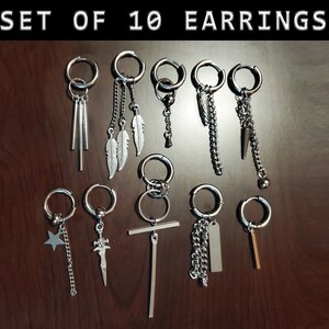 Dangle Earrings for Men and Women Quality Stainless Steel Hanging Hoop Long Chain Kpop BTS Trendy Cool Tiktok Feather Sword Spike Pack of 10