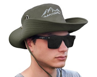 Army Green Sun Hat for Men Women Vented Wide Brim Bucket Hat Boonie Hat with Adjustable Fit Safari Cap for Summer Fishing Pool