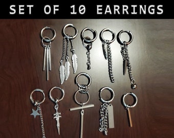Dangle Earrings for Men and Women Quality Stainless Steel Hanging Hoop Long Chain Kpop BTS Trendy Cool Tiktok Feather Sword Spike Pack of 10