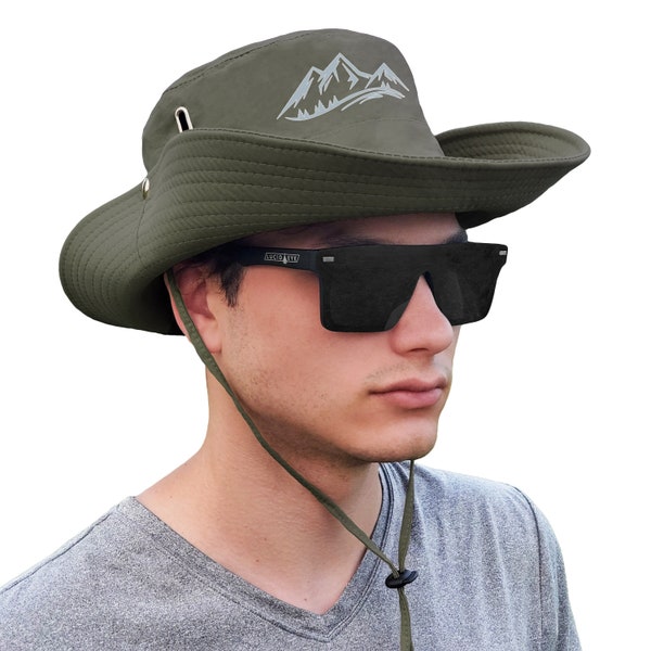 Army Green Sun Hat for Men Women Vented Wide Brim Bucket Hat Boonie Hat with Adjustable Fit Safari Cap for Summer Fishing Pool