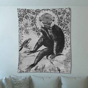 ペイズリー モンキー タペストリー | 黒と白のジャングル タペストリー | モンキー ウォール アート | ボヘミアン デザイン | 寝室、リビング、寮用のかわいい装飾
