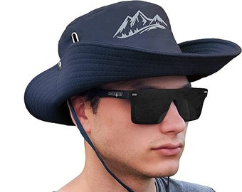 Navy Blue Sun Hat for Men Women Vented Wide Brim Bucket Hat Boonie Hat with Adjustable Fit Safari Cap for Summer Fishing Pool