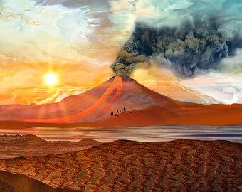 Lava Flow Poster Print | Volcano Wall Art | Scenic Mountain Wall Poster | Orange Yellow Landscape Design | Premium Beach Decor | 11x17 24x36