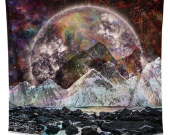 Cosmic View Tapestry | Dark Moon Wall Hanging | Galaxy Mountain Landscape Wall Hanging | Trippy Art for Bedroom Living Room Dorm