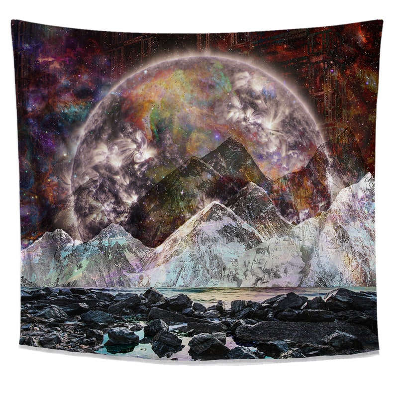 Cosmic View Tapestry | Dark Moon Wall Hanging | Galaxy Mountain Landscape Wall Hanging | Trippy Art for Bedroom Living Room Dorm 