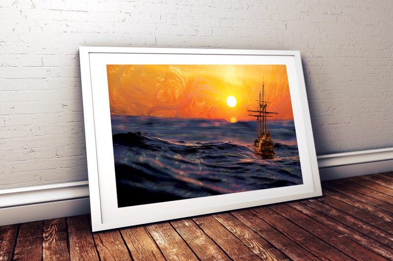 Sailing Sun Poster Print Sailboat Wall Art Psychedelic Pattern Decor Ocean Image Blue Orange Artwork Nautical Sea Sunset Print image 1