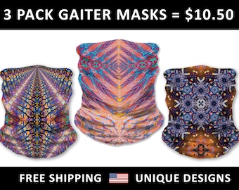 3 Pack Neck Gaiter Bandana Face Mask- Multi-functional Seamless Headband- Colorful Psychedelic Rave Mask- Tube Scarf- Wind / Dust Protection