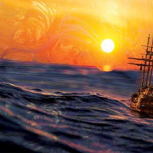 Sailing Sun Poster Print Sailboat Wall Art Psychedelic Pattern Decor Ocean Image Blue Orange Artwork Nautical Sea Sunset Print image 4