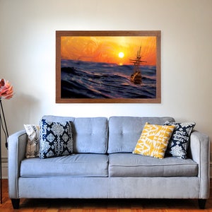 Sailing Sun Poster Print Sailboat Wall Art Psychedelic Pattern Decor Ocean Image Blue Orange Artwork Nautical Sea Sunset Print image 2