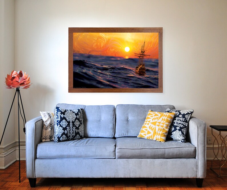 Sailing Sun Poster Print Sailboat Wall Art Psychedelic Pattern Decor Ocean Image Blue Orange Artwork Nautical Sea Sunset Print image 2