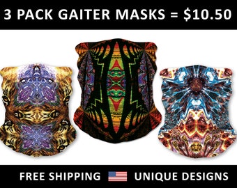 3 Pack Neck Gaiter Bandana Face Mask- Multi-functional Seamless Headband- Colorful Psychedelic Rave- Rasta Scarf- Wind / Dust Protection