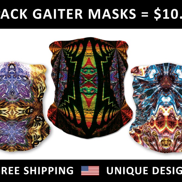 3 Pack Neck Gaiter Bandana Face Mask- Multi-functional Seamless Headband- Colorful Psychedelic Rave- Rasta Scarf- Wind / Dust Protection