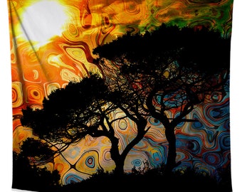 African Sun Trippy Sunset Tapestry / Psychedelic Melting Sky Landscape Design / African Tree Wall Hanging for Bedroom Living Room Dorm