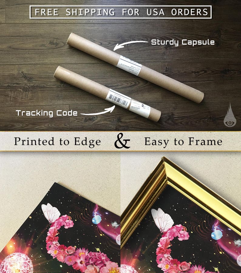 Puede incluir: Una impresi&oacute;n enmarcada de un dise&ntilde;o floral en forma de letra C. La impresi&oacute;n est&aacute; sobre un fondo negro con acentos rosas, blancos y azules. El marco es dorado y tiene un dise&ntilde;o simple. La impresi&oacute;n est&aacute; empaquetada en un tubo de cart&oacute;n resistente con una etiqueta de c&oacute;digo de seguimiento.