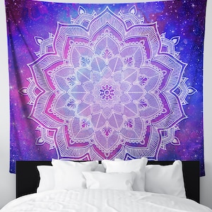 宇宙曼荼羅タペストリー | 銀河と花の壁アート | 寝室、リビングルーム、寮用のネオンボヘミアン壁掛け