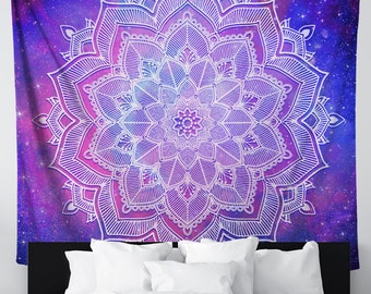 Space Mandala Tapestry | Galaxy and Flower Wall Art | Neon Boho Wall Hanging for Bedroom Living Room Dorm