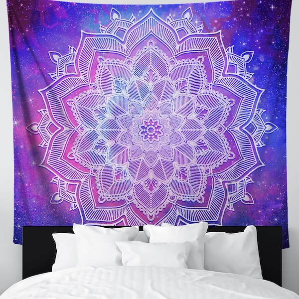 Space Mandala Gobelin | Galaxie und Blumen Wandkunst | Neon Boho Wandbehang für Schlafzimmer Wohnzimmer Schlafsaal