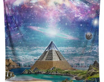 Sacred Pyramid Tapestry | Alien Scene Wall Hanging | Surreal Galaxy Artwork for Bedroom Living Room Dorm