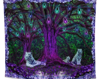 Trippy Forest Tapestry | Neon Tiger Nature Wall Hanging | Tree of Life Design | Zen Decor for Bedroom Living Room Dorm