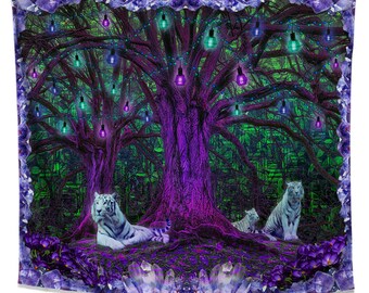 Trippy Forest Tapestry / Neon Tiger Nature Wall Hanging / Tree of Life Design / Zen Decor for Bedroom Living Room Dorm