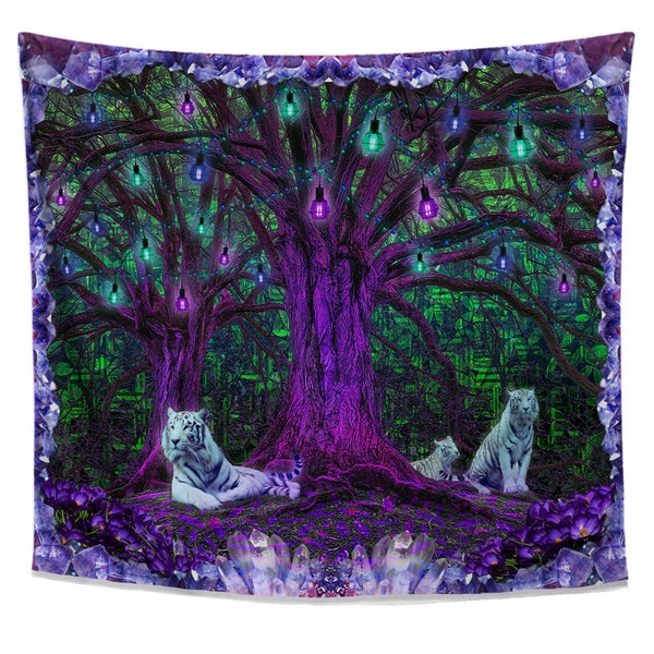 Trippy Forest Tapestry | Neon Tiger Nature Wall Hanging | Tree of Life Design | Zen Decor for Bedroom Living Room Dorm