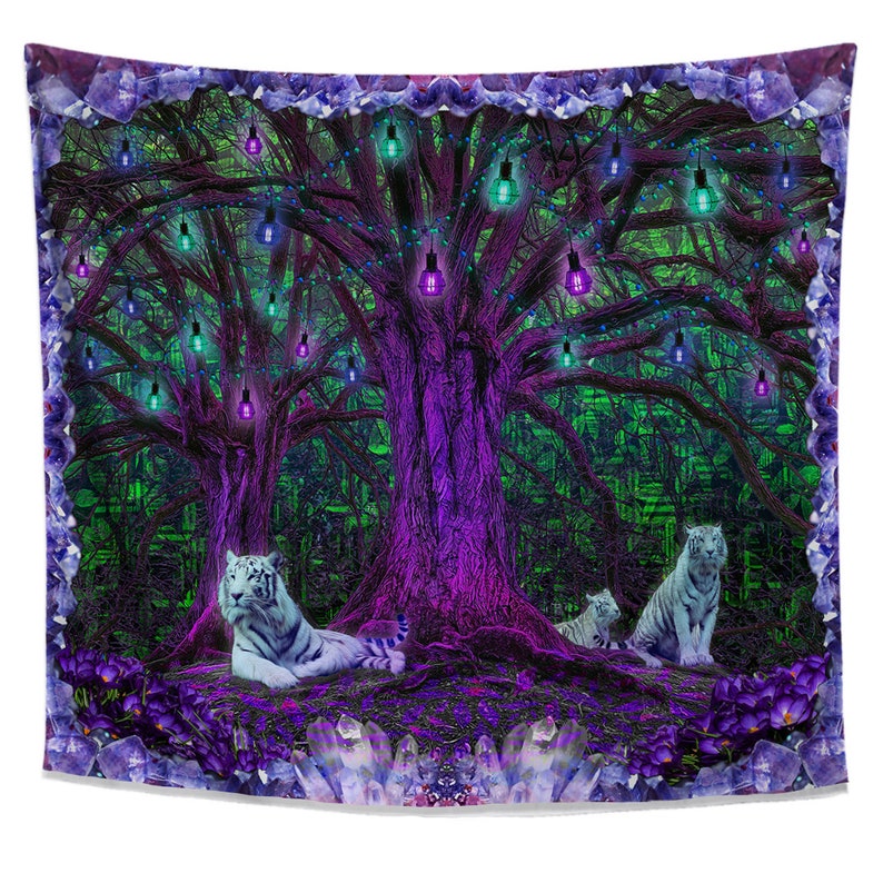 Trippy Forest Tapestry | Neon Tiger Nature Wall Hanging | Tree of Life Design | Zen Decor for Bedroom Living Room Dorm 