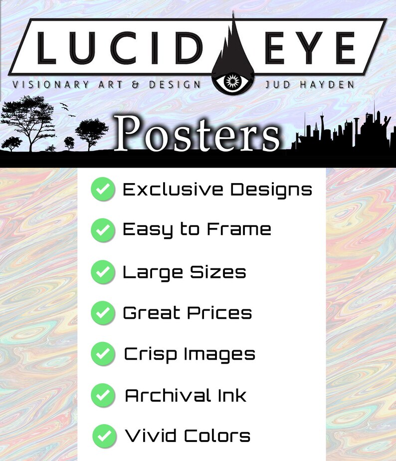 Puede incluir: Un icono de marca de verificaci&oacute;n verde junto a cada una de las siguientes caracter&iacute;sticas: Dise&ntilde;os exclusivos, F&aacute;cil de enmarcar, Tama&ntilde;os grandes, Precios excelentes, Im&aacute;genes n&iacute;tidas, Tinta de archivo y Colores vivos. El texto "LUCID EYE" est&aacute; en la parte superior de la imagen, con las palabras "VISIONARY ART & DESIGN" y "JUD HAYDEN" debajo. El texto "Posters" est&aacute; en un tama&ntilde;o de fuente m&aacute;s grande debajo del nombre de la empresa.