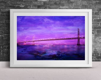 Moody Bridge Poster Print |Purple Haze Wall Art |Hazy Night Landscape Design |Misty Scenic River Wall Art |Premium Artwork for Home