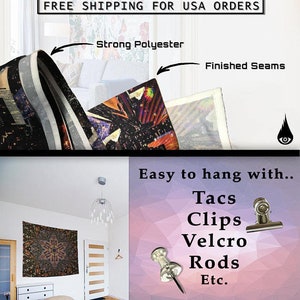 K&ouml;nnte beinhalten: Eine Wandteppich mit einem farbenfrohen abstrakten Design h&auml;ngt an einer Wand in einem Schlafzimmer. Der Wandteppich ist aus strapazierf&auml;higem Polyester mit sauber verarbeiteten N&auml;hten. Er kann mit Rei&szlig;n&auml;geln, Clips, Klettverschluss, Stangen oder anderen Methoden aufgeh&auml;ngt werden. Kostenloser Versand f&uuml;r Bestellungen in den USA.