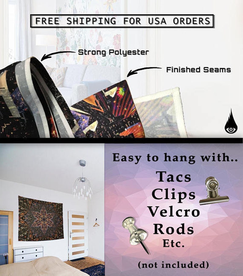 K&ouml;nnte beinhalten: Eine Wandteppich mit einem farbenfrohen abstrakten Design h&auml;ngt an einer Wand in einem Schlafzimmer. Der Wandteppich ist aus strapazierf&auml;higem Polyester mit sauber verarbeiteten N&auml;hten. Er kann mit Rei&szlig;n&auml;geln, Clips, Klettverschluss, Stangen oder anderen Methoden aufgeh&auml;ngt werden. Kostenloser Versand f&uuml;r Bestellungen in den USA.