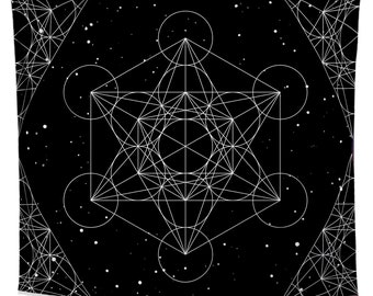 Metatron's Cube Sacred Geometry Mandala Tapestry | Simple Black and White Boho Wall Hanging for Bedroom Living Room Dorm (58x51 inches)