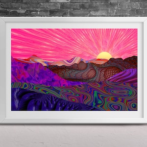 Trippy Trek Poster Print | Psychedelic Rainbow Landscape Design | Rolling Hills Pattern | Sun Wall Art | Sunset Geometric Fine Art | 3 Sizes