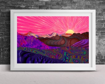 Trippy Trek Poster Print | Psychedelic Rainbow Landscape Design | Rolling Hills Pattern | Sun Wall Art | Sunset Geometric Fine Art | 3 Sizes