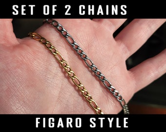 Men's Chain Necklace Waterproof Stainless Steel - High Quality Silver Chrome and 18k Gold Jewelry - Built Tough Figaro Style 3MM Pack of 2