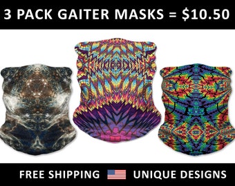 3 Pack Neck Gaiter Bandana Face Mask- Stretchy Tube Scarf-  Galaxy Scarves- Psychedelic Rainbow Artwork- Cool Festival Designs- Cycling Mask