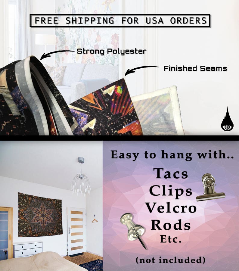 K&ouml;nnte beinhalten: Ein Wandteppich mit einem farbenfrohen geometrischen Muster h&auml;ngt an einer Wand in einem Schlafzimmer. Der Wandteppich ist aus strapazierf&auml;higem Polyester mit sauber verarbeiteten N&auml;hten. Er kann mit Rei&szlig;n&auml;geln, Clips, Klettverschluss, Stangen oder anderen Methoden aufgeh&auml;ngt werden.  "FREE SHIPPING FOR USA ORDERS" steht oben im Bild.