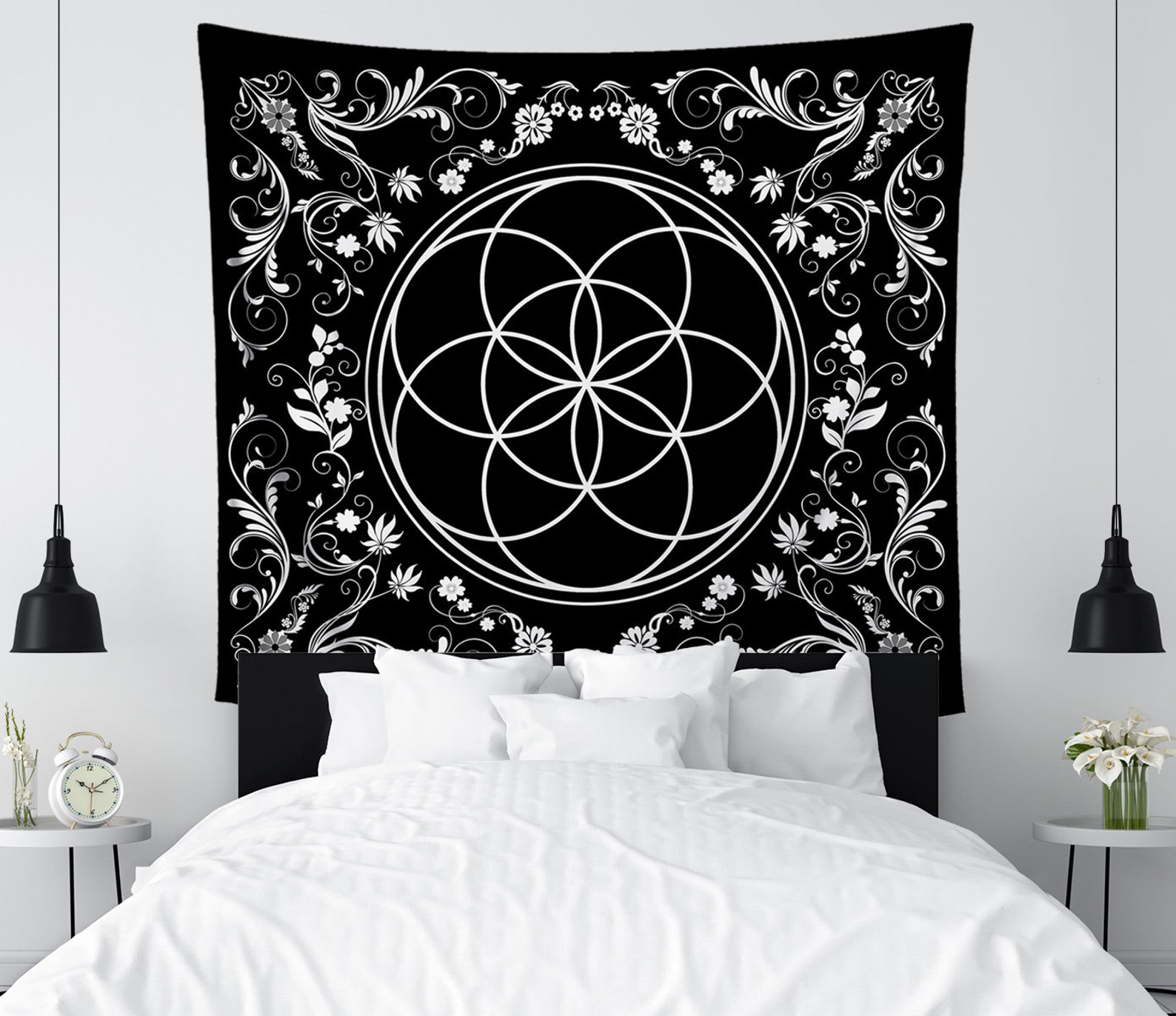 Seed of Life Sacred Geometry Mandala Tapestry Simple Black - Etsy