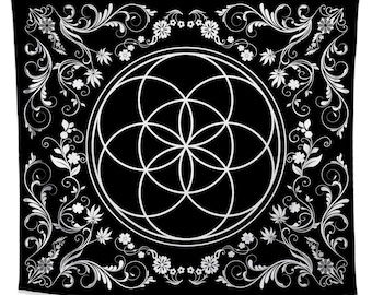 Seed of Life Sacred Geometry Mandala Tapestry | Simple Black and White Boho Wall Hanging for Bedroom Living Room Dorm (58x51 inches)