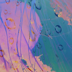 K&ouml;nnte beinhalten: Abstrakte Kunst in einem Blau-, Gr&uuml;n- und Rosaton. Das Bild zeigt eine Reihe von sich &uuml;berlappenden Kreisen und Linien, die ein Gef&uuml;hl von Tiefe und Bewegung erzeugen.