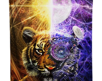 Two Tigers Tapestry Wall Hanging | Tiger College Dorm Tapestry | Animal Wall Art | Orange Fractal Wall Decor | Premium Moon and Sun Tapestry