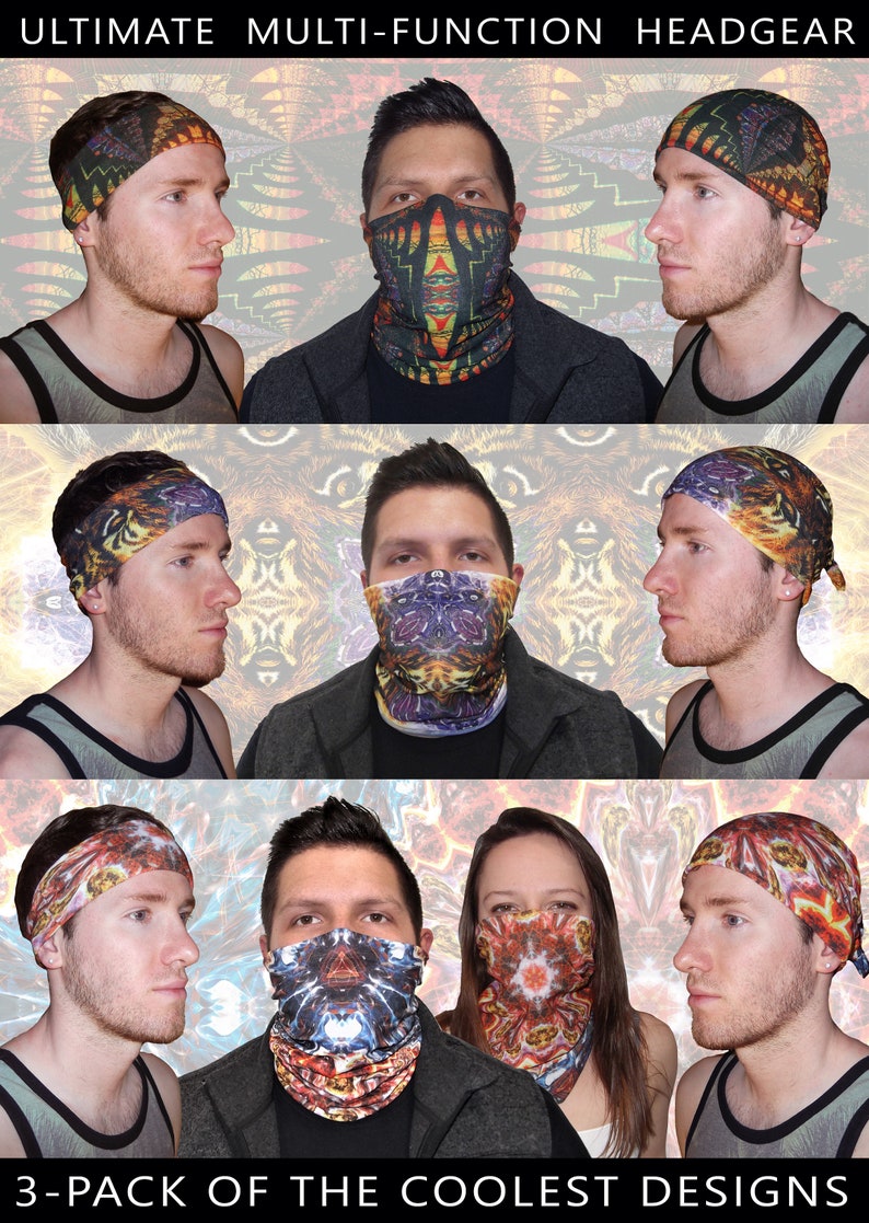 3 Pack Neck Gaiter Bandana Face Mask Multi-functional Seamless Headband Colorful Psychedelic Rave Rasta Scarf Wind / Dust Protection image 2