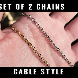 Men&#39;s Chain Necklace Waterproof Stainless Steel -  High Quality Silver Chrome and 18k Gold Jewelry - Built Tough Cable Style 3MM Pack of 2