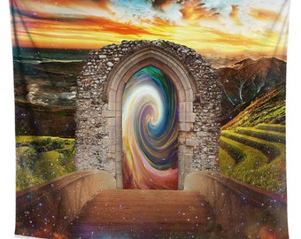 Mystic Portal Tapestry | Fantasy Landscape Wall Hanging | Colorful Sunset Bedroom Decor | Mystic Bridge Wall Art | Photo Booth Backdrop