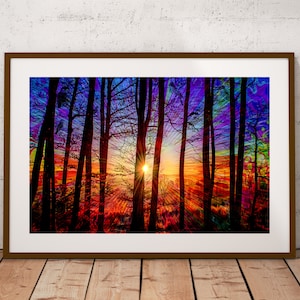Puede incluir: Una impresi&oacute;n de arte abstracto colorida de una escena de bosque con &aacute;rboles silueteados contra una puesta de sol vibrante. Los colores son una mezcla de azules, morados, naranjas y rojos, creando un efecto psicod&eacute;lico.