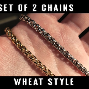 Men&#39;s Chain Necklace Waterproof Stainless Steel - High Quality Silver Chrome and 18k Gold Jewelry - Built Tough Wheat Style 3MM Pack of 2